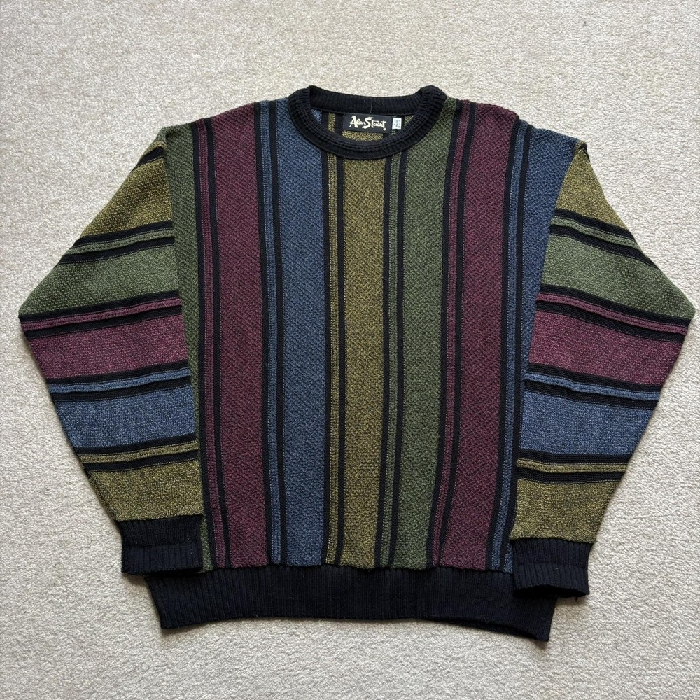 Vtg Alan Stuart Sweater Large Multicolor Striped Knit Grandpa‎ Crewneck Pullover